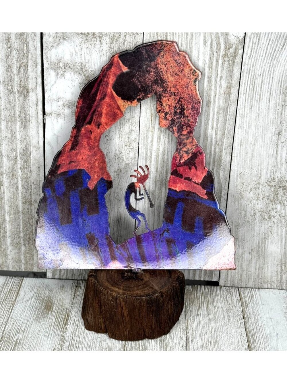 Vintage Metal Sculpture of Kokopelli on a Wood Base